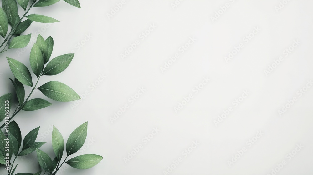 Fototapeta premium Fresh green leaves on a plain background, nature-inspired style, copy space