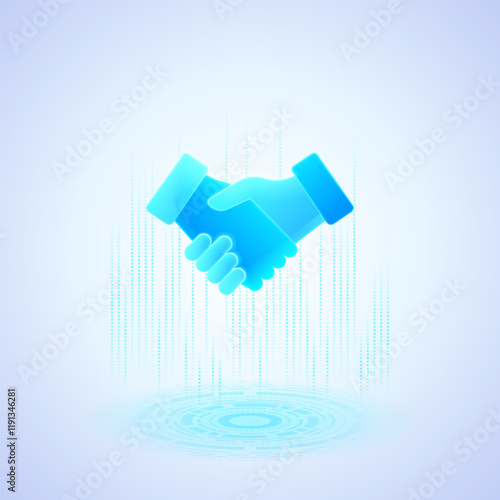 Business icon featuring a glowing blue handshake, symbolizing agreement, partnership, or collaboration. Emphasizing modern business practices and technology
