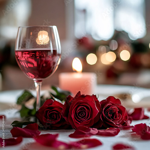 Romantic Valentine's Day dinner with an elegantly set table, including lit candles, wine glasses, and an intimate atmosphere. The details evoke love and celebration, with warm and soft tones