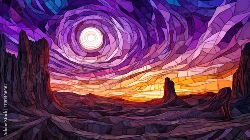 Abstract Southwestern Sunset Landscape In Stained Glass Style