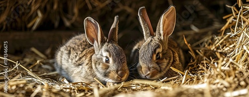 two Young rabbits without fur are resting in straw, fluffy eater concept
