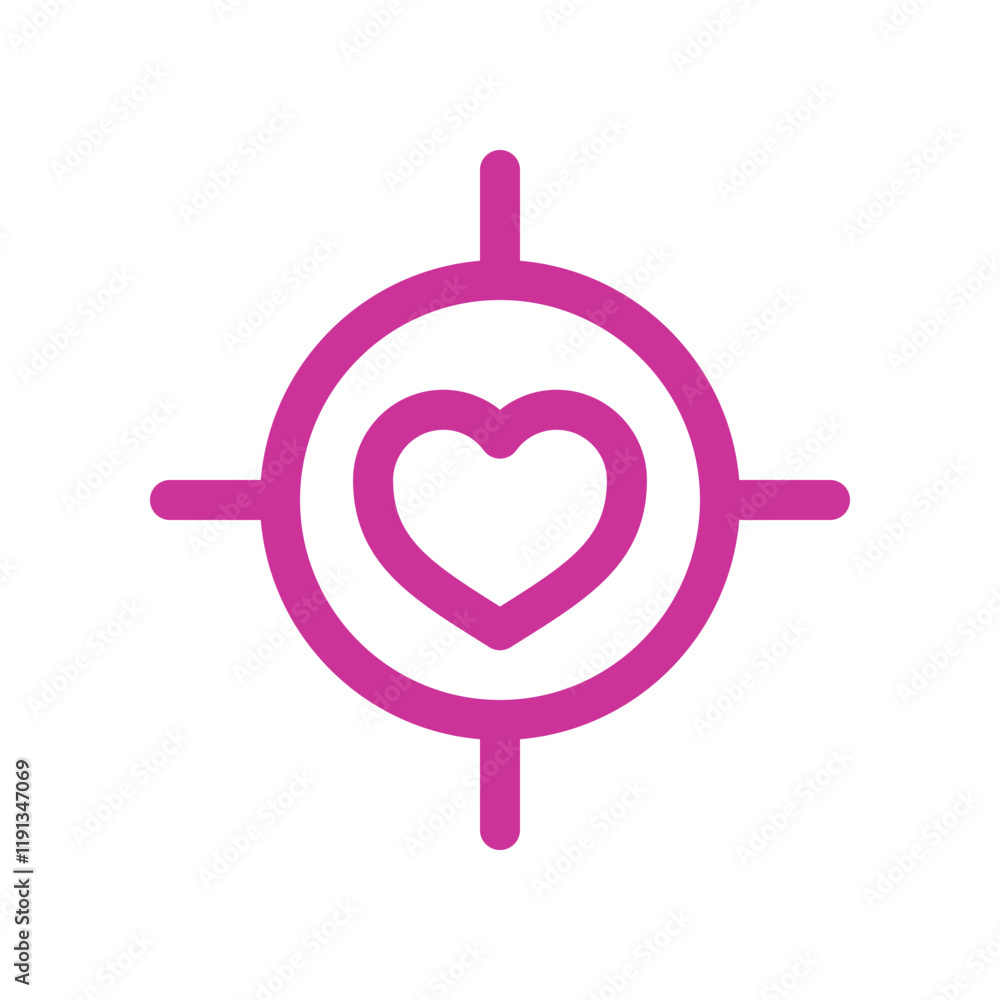 Pink heart in a target, symbolizing love as a goal. Perfect for Valentine's Day and relationship-themed designs. Vector illustration, isolated on white background