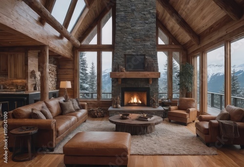 Cozy living room with a fireplace and majestic mountains behind