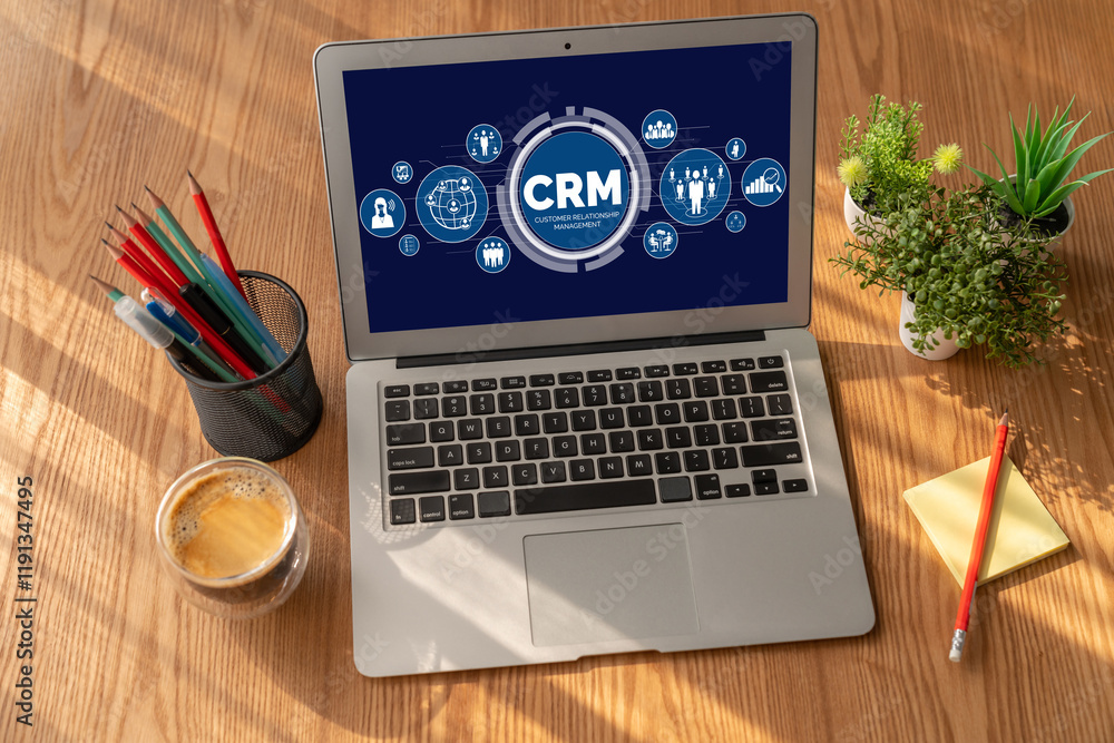 Fototapeta premium Customer relationship management system on modish computer for CRM business and enterprise