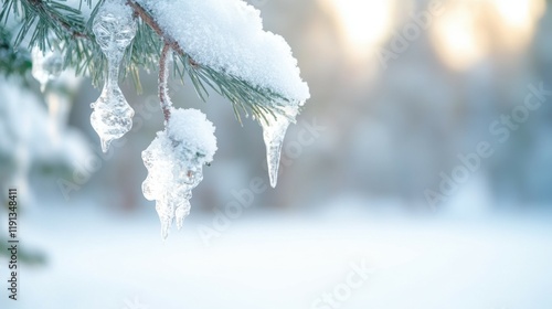 Snowy forest landscape adorned with icicles and the serene crunch of snow underfoot photo