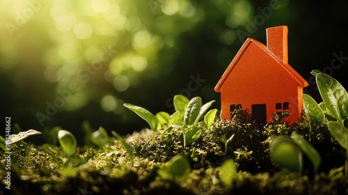 Wallpaper Mural A vibrant orange house sits surrounded by lush green plants, illuminated by soft sunlight, creating a serene and tranquil atmosphere in nature. Torontodigital.ca