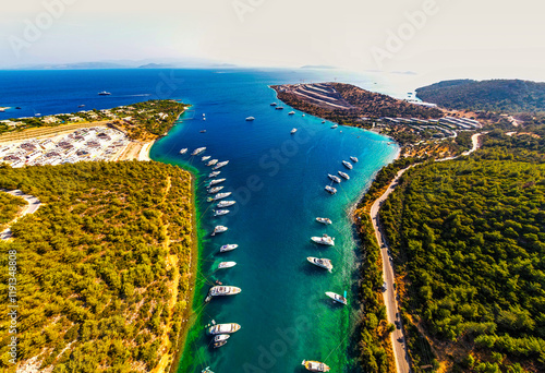 Fototapeta Naklejka Na Ścianę i Meble -  Paradise Bay (Turkish: Cennet Koyu) in Bodrum. Mugla, Turkey. One of the most beautiful bays in Bodrum with blue sea and nature. Drone shot.