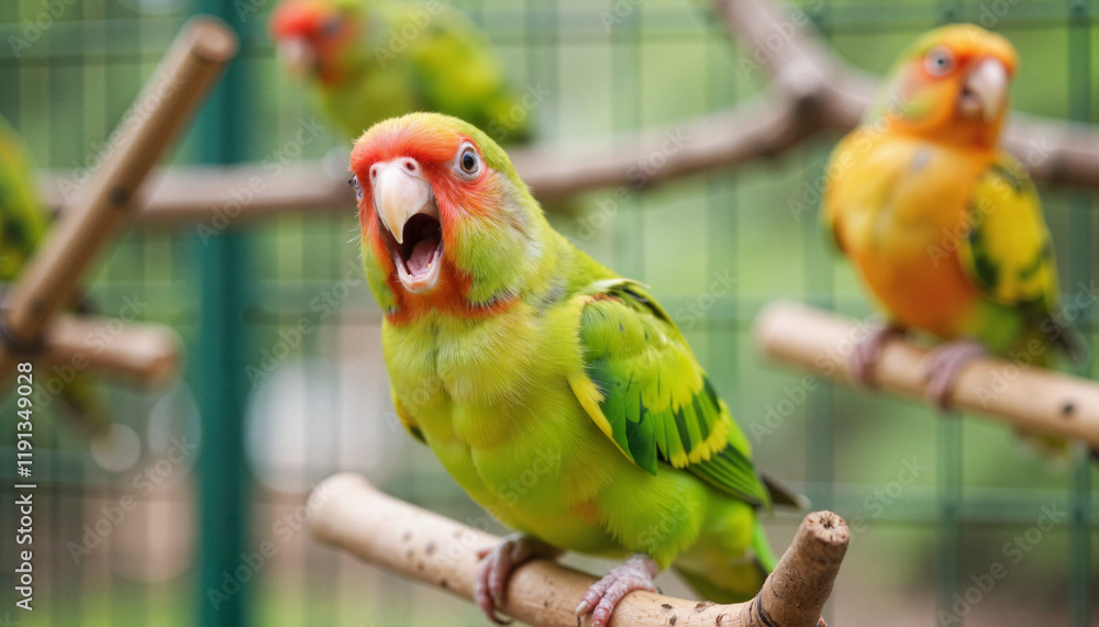 Obraz premium Joyful Red-masked parakeet chirping on perch in urban aviary, nature's harmony
