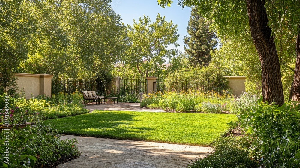 Fototapeta premium Lush garden, patio furniture, flowering plants, grassy lawn.