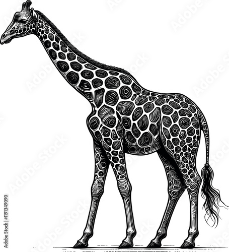 Giraffe Standing with Neck Stretched and Intricate Spot Patterns Vector Black Silhouette Cricut Design photo