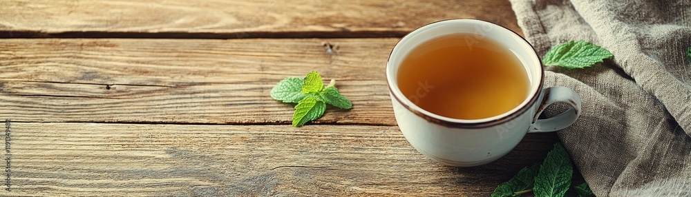Inviting rustic table setting featuring a cup of herbal tea with fresh mint leaves in soft lighting Inviting rustic table setting featuring a cup of herbal tea with fresh mint leaves in soft lighting