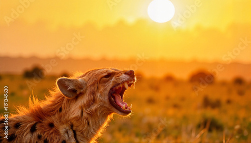 Mighty hyena cackling at sunset in open savannah, wild energy photo