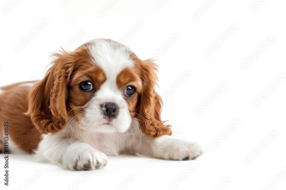Playful cavalier king charles spaniel puppy isolated on white background, adorable pet photography