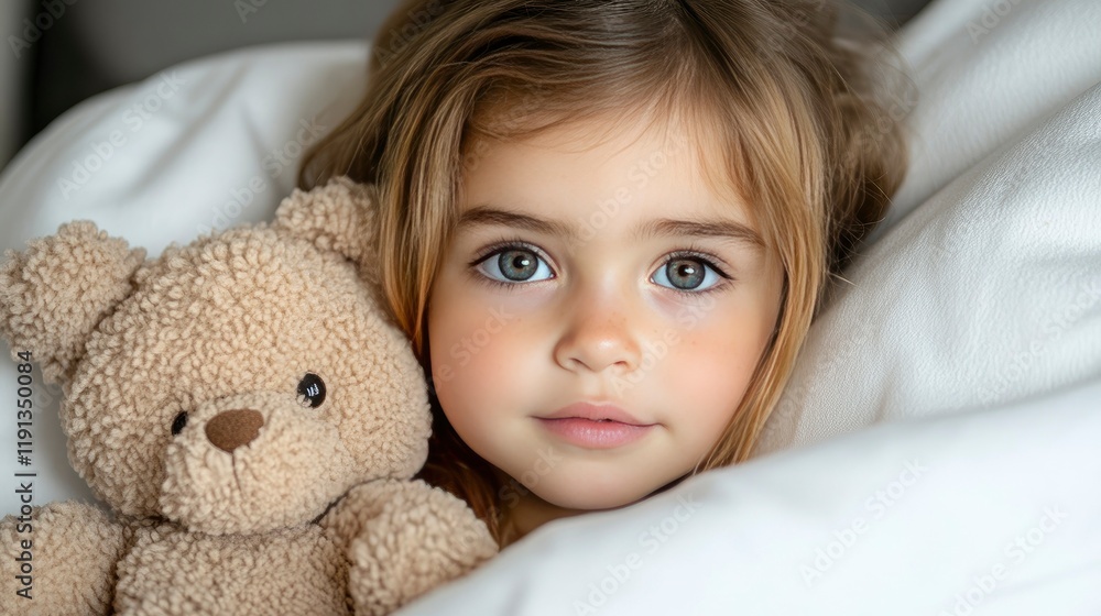 Adorable Little Girl with Teddy Bear in Bed