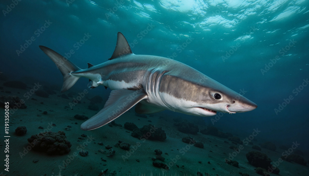 Rare goblin shark gliding through dark ocean depths, marine wonder Rare goblin shark gliding through dark ocean depths, marine wonder