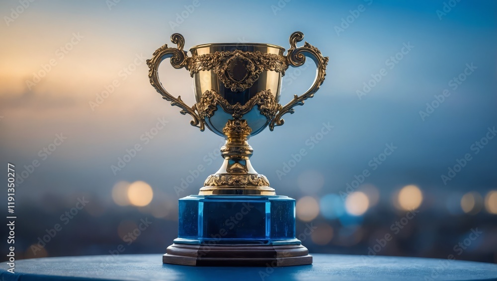 Obraz premium A grand, oversized trophy placed on a smooth surface, with a dreamy blue bokeh backdrop