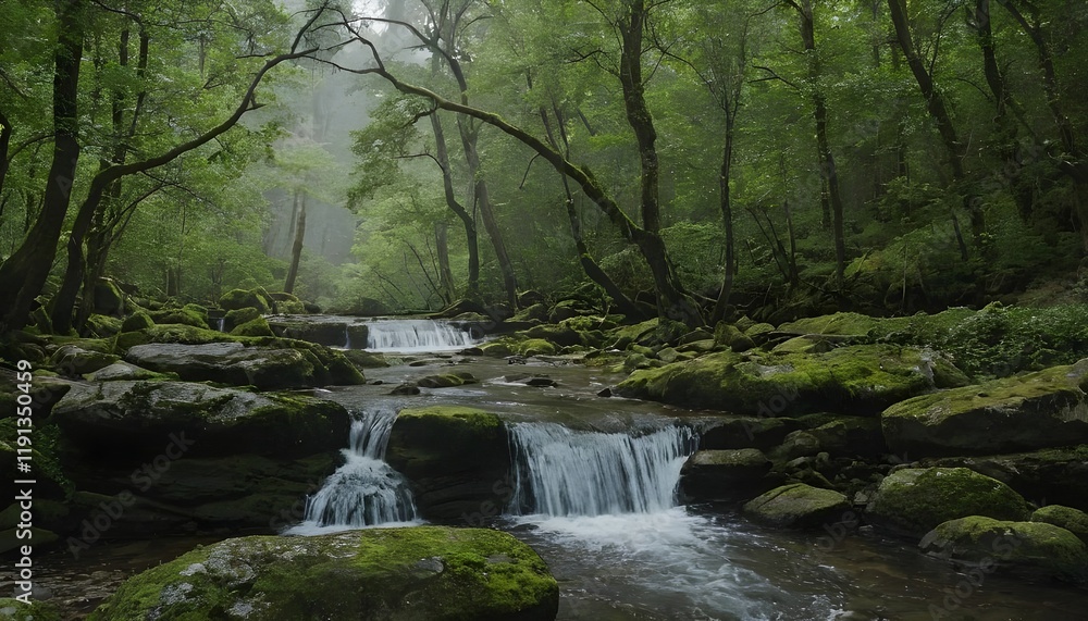 Waterfall,Peaceful Forest Stream Amid Lush Greenery and Moss-Covered Rocks