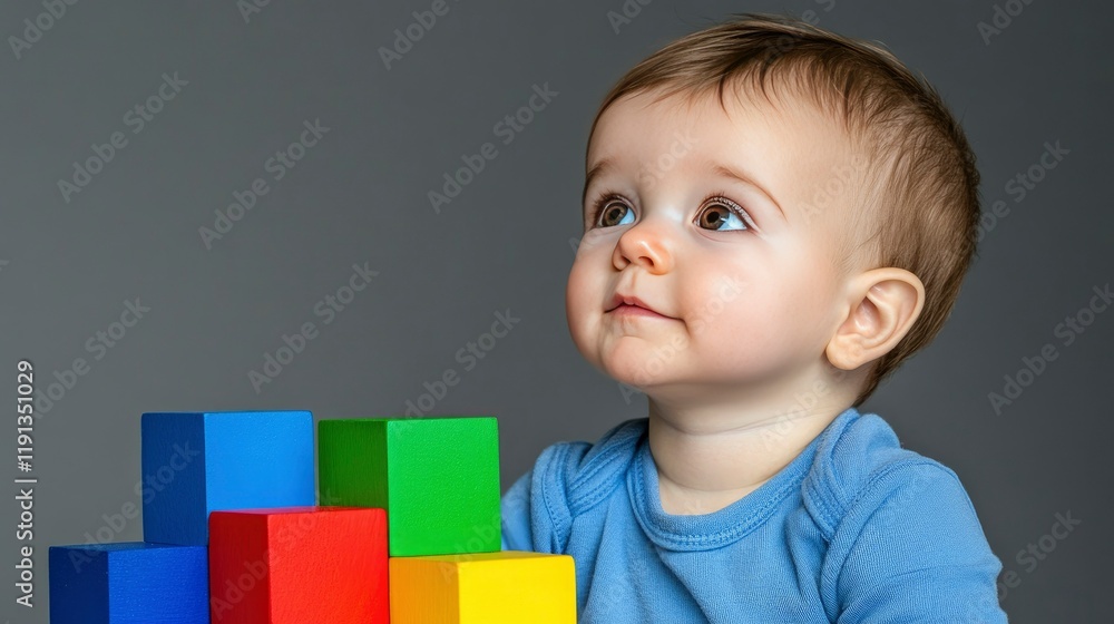 Curious Baby Boy Playing with Colorful Blocks Curious Baby Boy Playing with Colorful Blocks