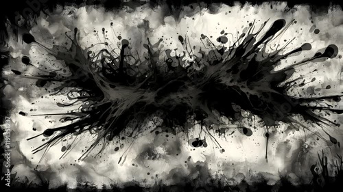A monochromatic abstract design featuring black ink splatters on a textured gray background.
