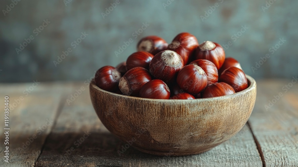 Obraz premium Bowl of Freshly Harvested Chestnuts on Rustic Wooden Table