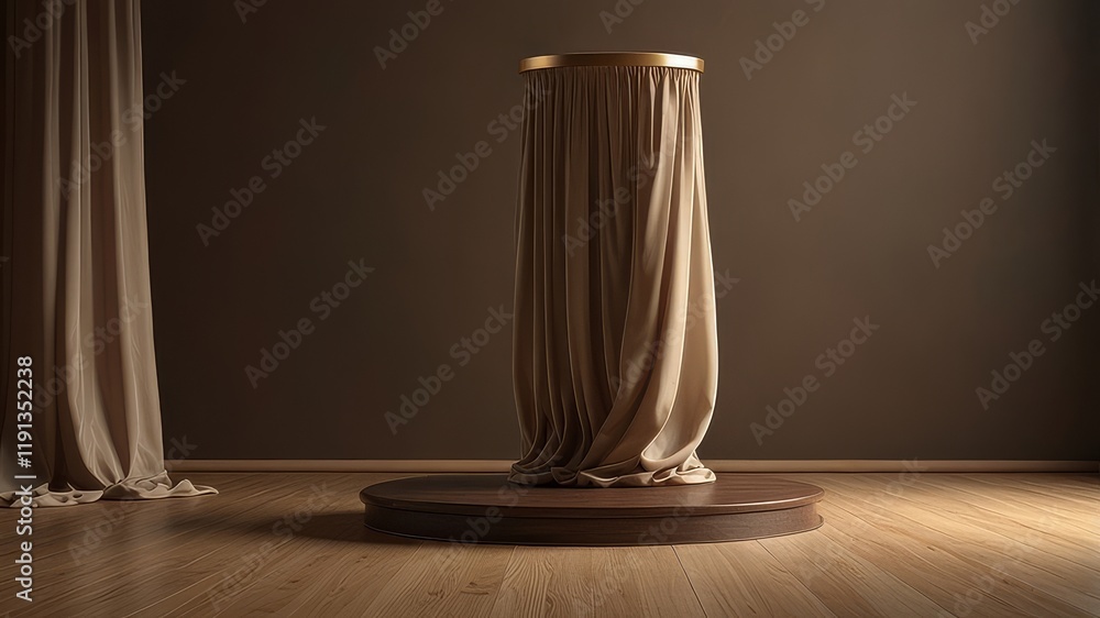3D display podium, brown background with wood frame pedestal and flying silk cloth curtain. Nature wind. Beauty, cosmetic product presentation stand. Luxury feminine mockup 3d render advertisement 3D display podium, brown background with wood frame pedestal and flying silk cloth curtain. Nature wind. Beauty, cosmetic product presentation stand. Luxury feminine mockup 3d render advertisement