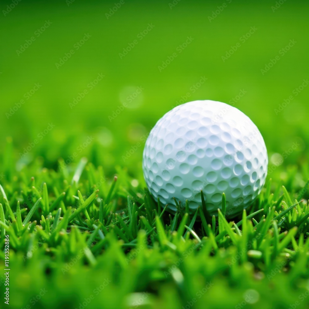 Bright white golf ball rests on lush green grass , field, blades of grass Bright white golf ball rests on lush green grass , field, blades of grass