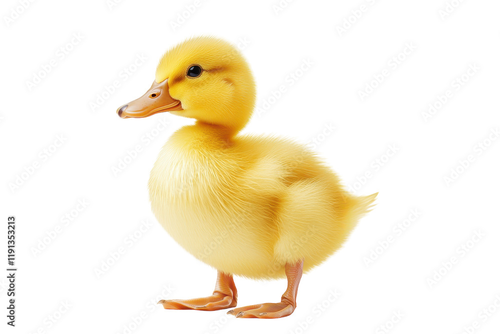 Cute yellow duckling standing on a white background, showcasing its fluffy feathers and curious expression Cute yellow duckling standing on a white background, showcasing its fluffy feathers and curious expression