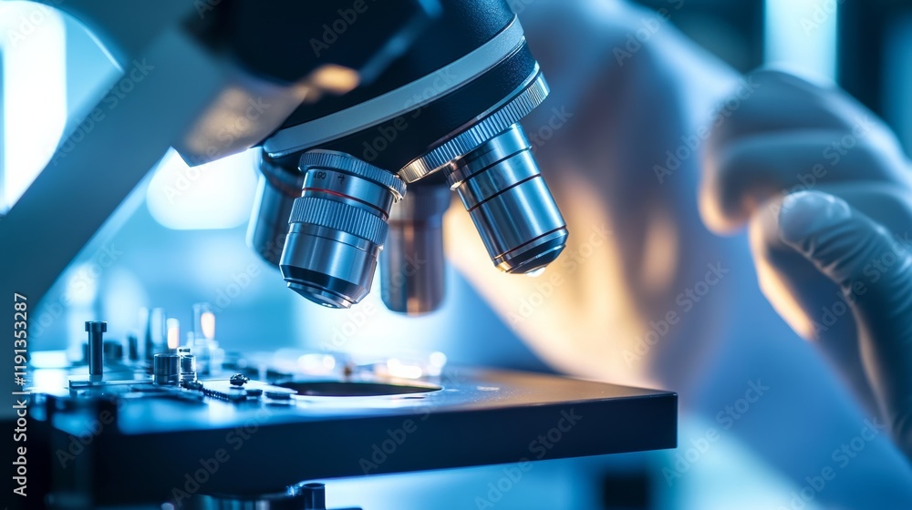 Fototapeta premium A close-up of a materials scientist in a nanotechnology laboratory manipulating nanomaterials under a microscope, with advanced scientific instruments and nanotech prototypes, Nanotechnology lab scene