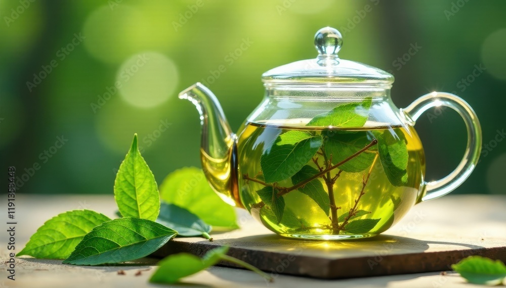 Clear glass teapot, vibrant green herbal infusion , aromatherapy, drinkware