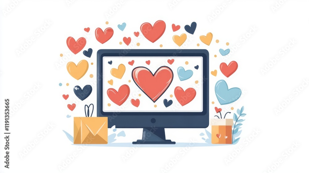 Colorful computer screen with hearts and gift boxes illustration. Colorful computer screen with hearts and gift boxes illustration.