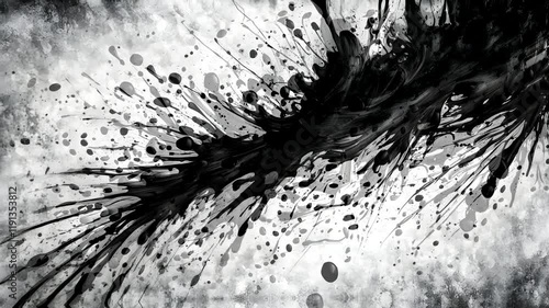 A monochromatic abstract design featuring black ink splatters on a textured gray background.