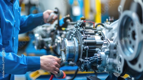 A close-up of a mechanical engineer testing automotive engines in a vehicle testing facility, with dynamometers and diagnostic tools visible, Automotive engine testing scene photo