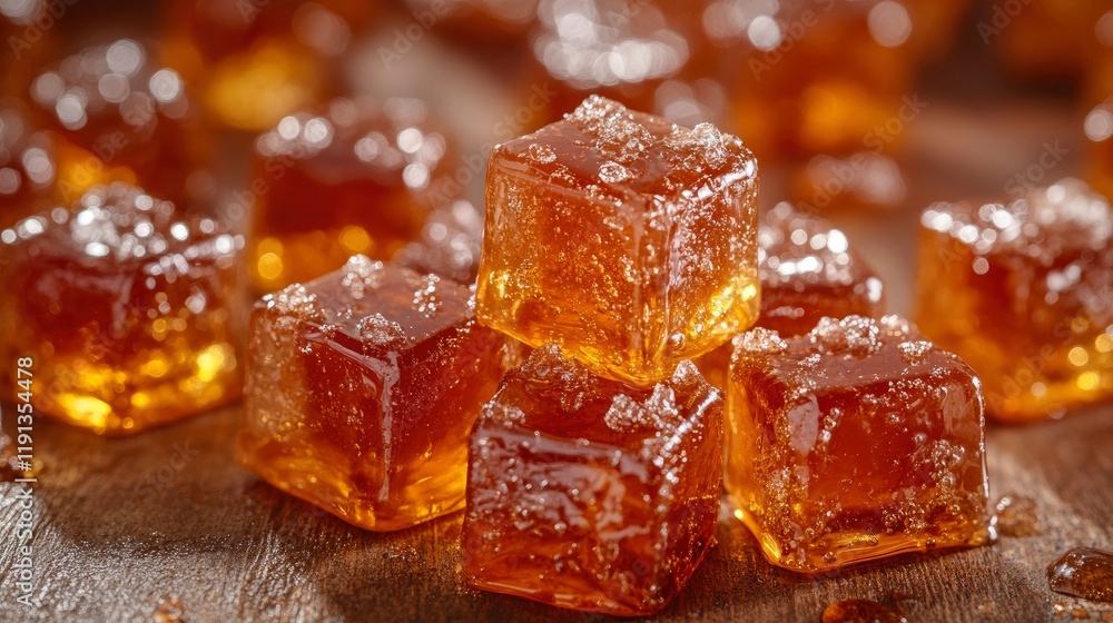 Close-up of Delicious Amber-Colored Sugar Cubes on Wooden Surface Close-up of Delicious Amber-Colored Sugar Cubes on Wooden Surface