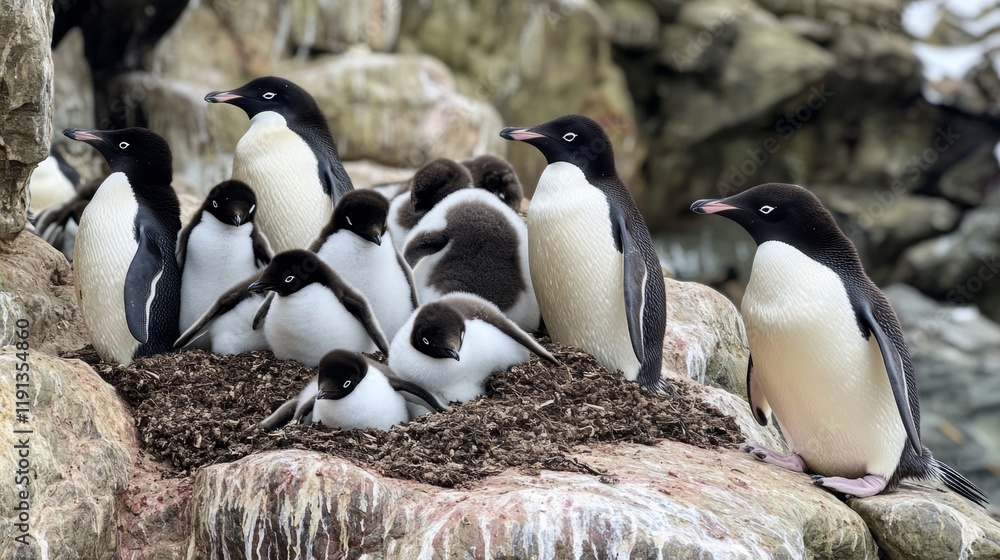 Fototapeta premium Adorable Penguin Family Nurturing Their Young