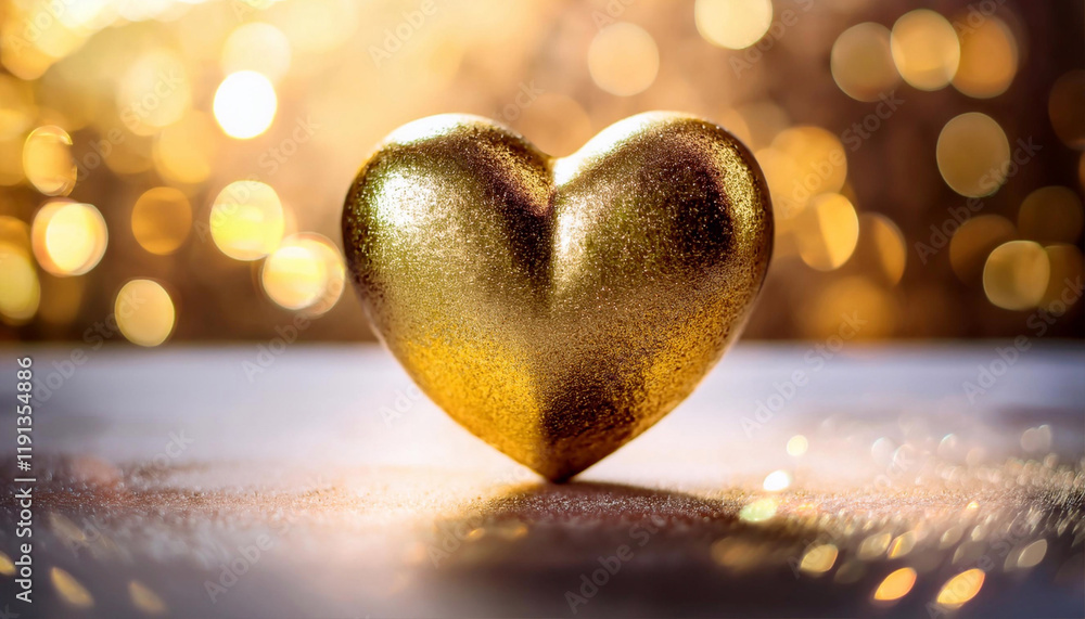 Fototapeta premium A beautiful gold glitter Heart on a light white surface with warm soft lights. Gorgeous background for Holidays. Greeting card with Valentine's Day symbol