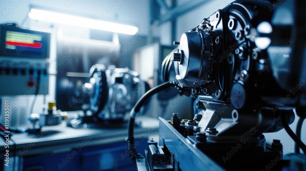 A close-up of a mechanical engineer testing automotive engines in a vehicle testing facility, with dynamometers and diagnostic tools visible, Automotive engine testing scene A close-up of a mechanical engineer testing automotive engines in a vehicle testing facility, with dynamometers and diagnostic tools visible, Automotive engine testing scene