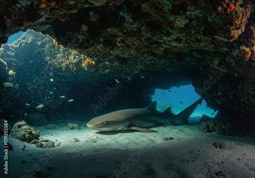 Tiburón nodriza descansando en una cueva submarina rodeado de pequeños peces en un arrecife tropical.