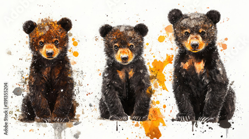 charming watercolor painting of three cute black bear cubs in nature setting