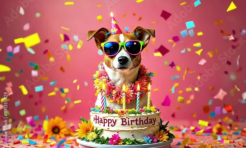 Dog wearing sunglasses birthday cake confetti party celebration colorful background