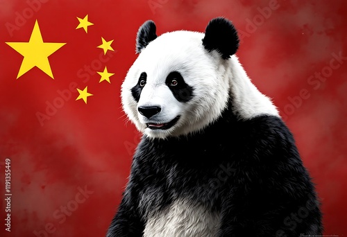 Majestic Panda Against a Vibrant Chinese Flag: A Realistic Portrait photo