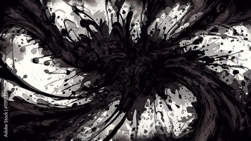 A monochromatic abstract design featuring black ink splatters on a textured gray background.