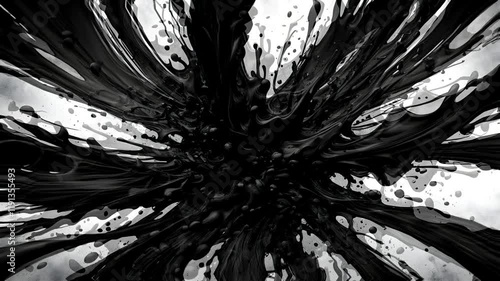 A monochromatic abstract design featuring black ink splatters on a textured gray background.