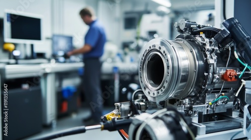 A close-up of a mechanical engineer testing automotive engines in a vehicle testing facility, with dynamometers and diagnostic tools visible, Automotive engine testing scene photo