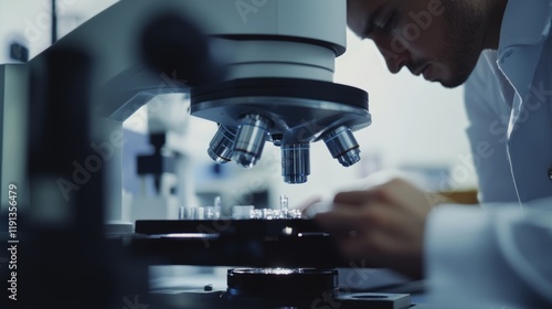 A close-up of a metallurgical engineer analyzing metal samples in a materials testing laboratory, with metallography equipment and microstructures visible, Materials testing lab scene