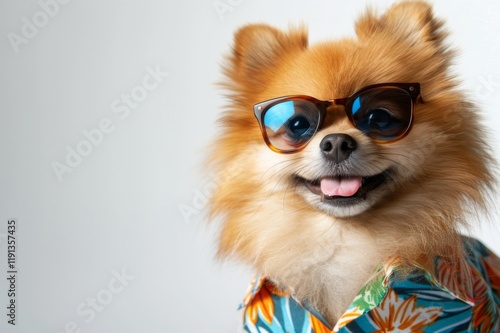 Playful pomeranian dog in sunglasses photo