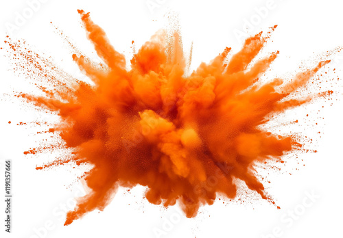 Bright orange color powder explosion isolated on white and transparent background