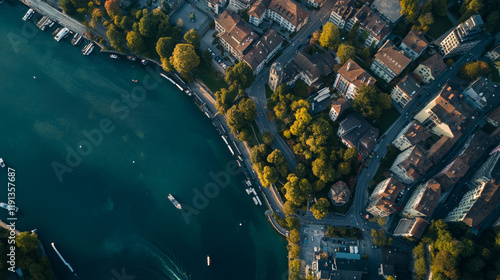 Aerophotography. View from a flying drone. Panoramic cityscape of Old Town Zurich, Switzerland. top view photo