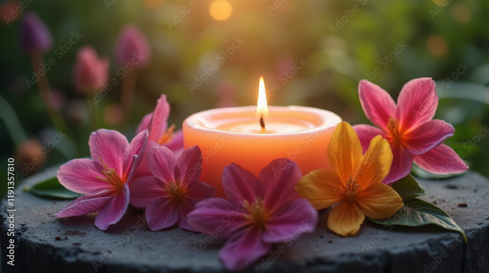 Glowing candle surrounded by colorful blossoms in tranquil garden setting Glowing candle surrounded by colorful blossoms in tranquil garden setting