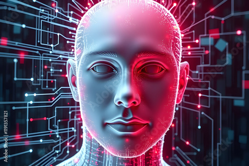 Futuristic digital illustration of a human head with circuit patterns, symbolizing artificial intelligence and technology integration.