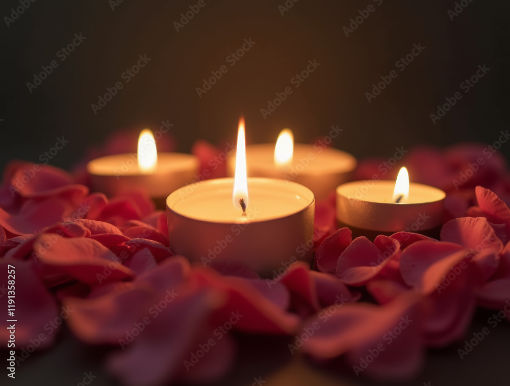 Serene candlelight surrounded by rose petals creating a calming atmosphere Serene candlelight surrounded by rose petals creating a calming atmosphere